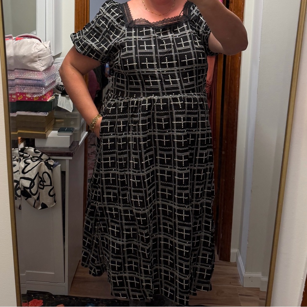 Elegant Black and White Embroidered Midi Dress with lace trim
